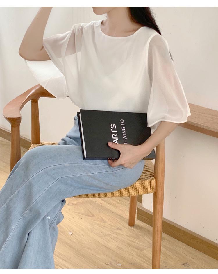 

Rakuten 2023 Летняя шифоновая блузка «летучая мышь» - Круглый вырез, Повседневная и универсальная One Size