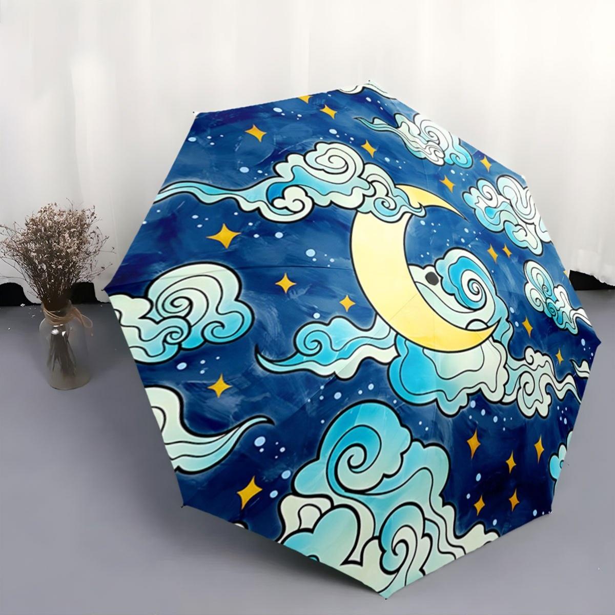 

Automatic Open/Close Umbrella with Crescent Moon & Stars - Navy Blue & Turquoise Swirling Clouds, Compact Travel Umbrella, All (as the picture,Iron&8K)