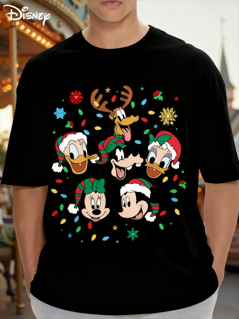 Disney Christmas Cartoon Printed Cotton Tshirt 2026 Mens and Womens Summer New Street Trendy Casual Loose Short Sleeved Top