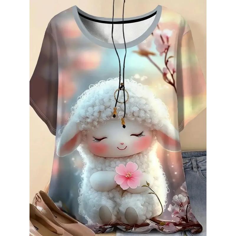 Fashion Women's Crew Neck Short Sleeve 3D Animal Color Printing Animal Short Sleeve Crew Neck T Sleeve