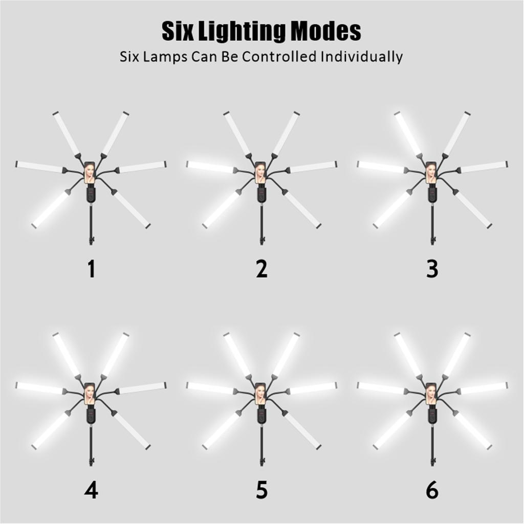 Flexible 6-Arms LED Video Light 60W Photography Fill Light 3000K/4000K/6000K Bi-color Dimmable with