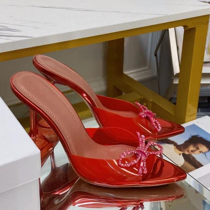 

Лето 2024 года, новые женские босоножки на высоком каблуке со стразами и бантом, остроконечные очки и тапочки с открытым носком для женщин 43