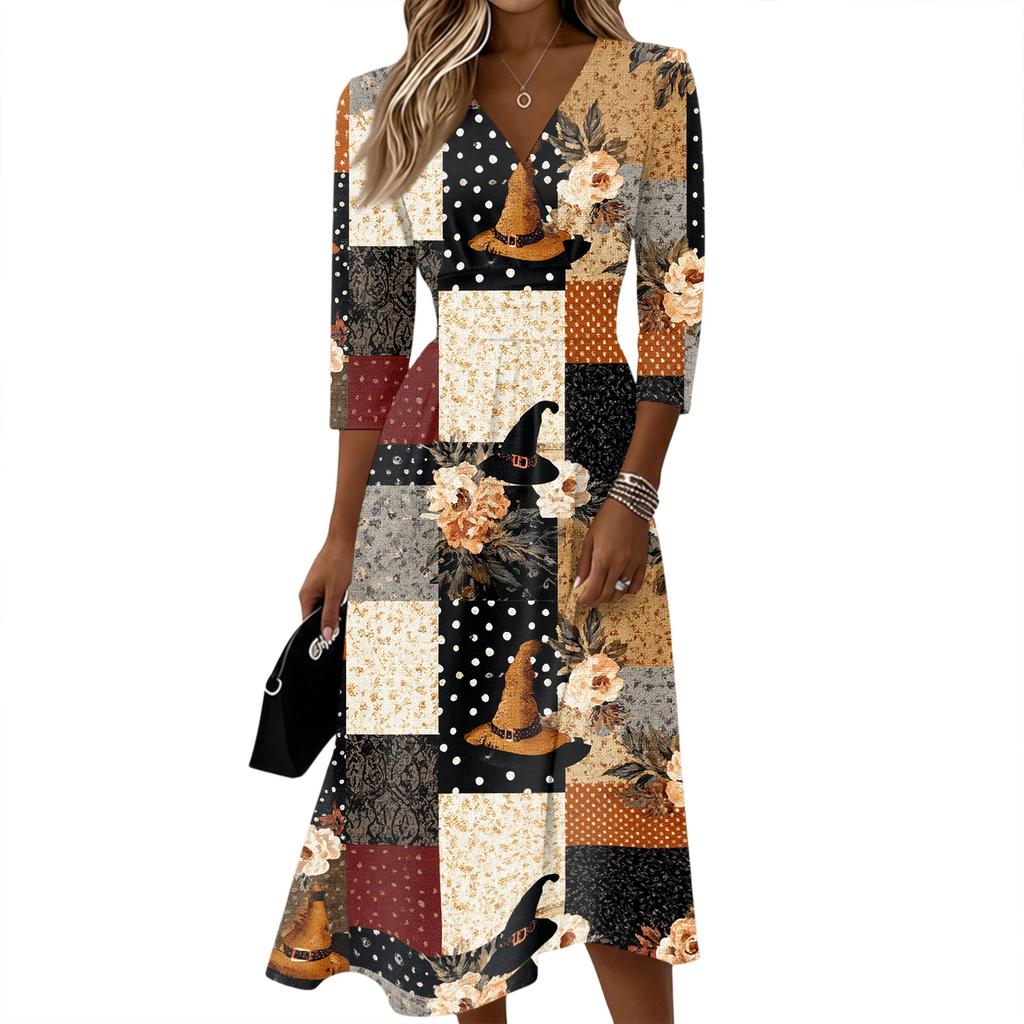 Women's Casual V Neck Midi Dress with Three Quarter Sleeves and Back Zipper Floral Print Lightweight Fabric for Everyday Wear