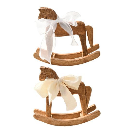 Wood Rocking Horse Figurine with Ribbon Handcrafted Rocking Horse Statue Home Office Living Room Kinetic Desktop Decoration Ornament