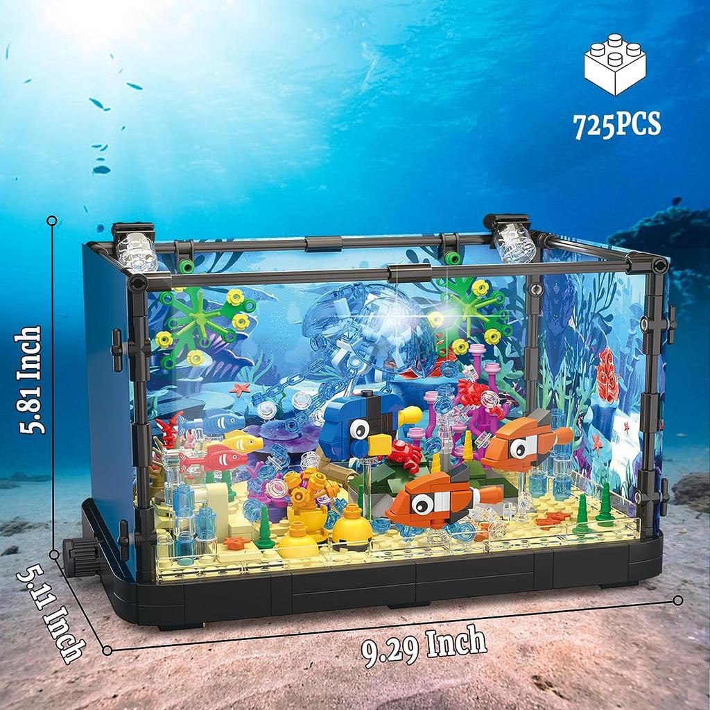 Ocean Fish Tank Aquarium Building Block Set with Turtle - DIY Toy Brick for Kids Creative Playset Home Decor Birthday Gift