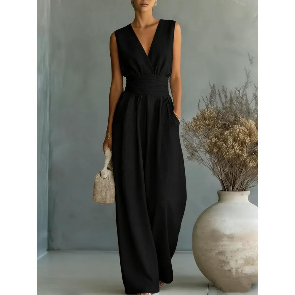 Women Spring Summer New V-neck Waist Slim Elegant Jumpsuit