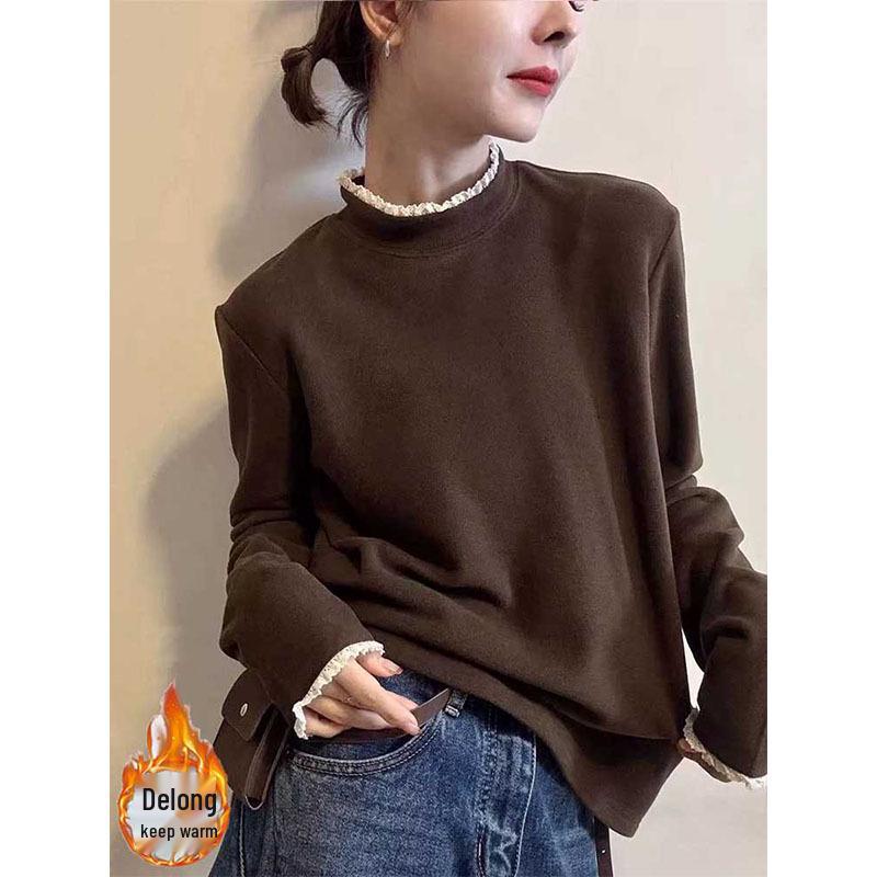 Women's Fashionable Contrasting Lace Collar Fleece Long-Sleeve T-Shirt, Age-Reducing Casual Layer, New 2026 Style