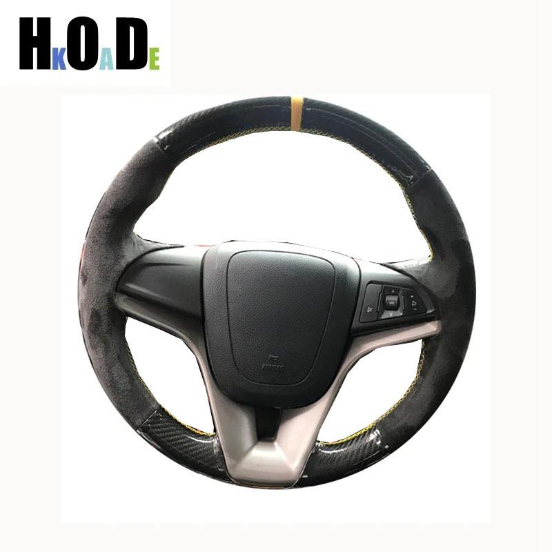 For Chevrolet Cruze 2009-2014 Aveo 2011-2014 Holden Cruze 2010 Hand-Stitched Black Suede Carbon Fiber Car Steering Wheel Cover