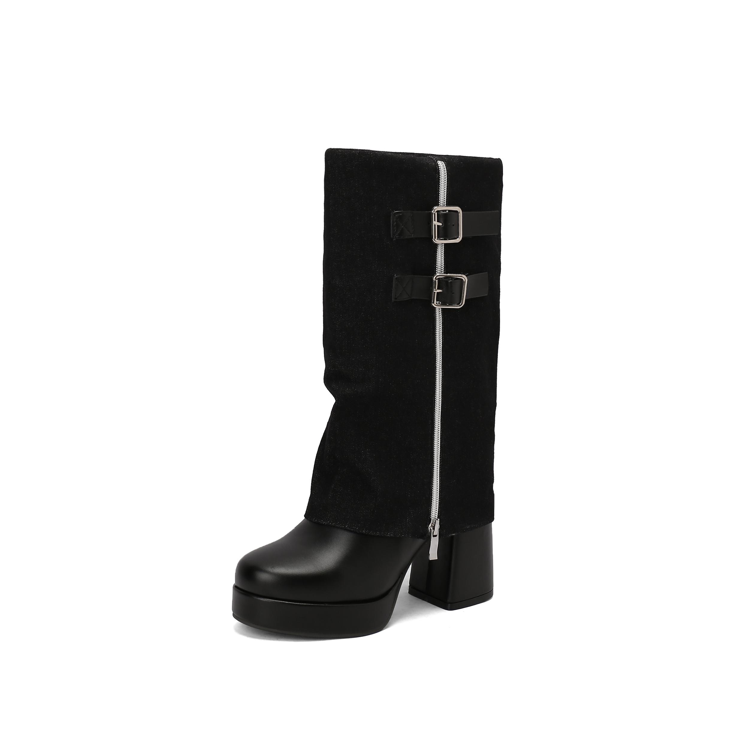 

Батал Двойная Пряжка Молния Джинсовая Лоскутная PU Мода Ботильоны до середины икры Ультра-высокий Толстый каблук СЛИПОНЫ Современные Ботинки 39 чёрный