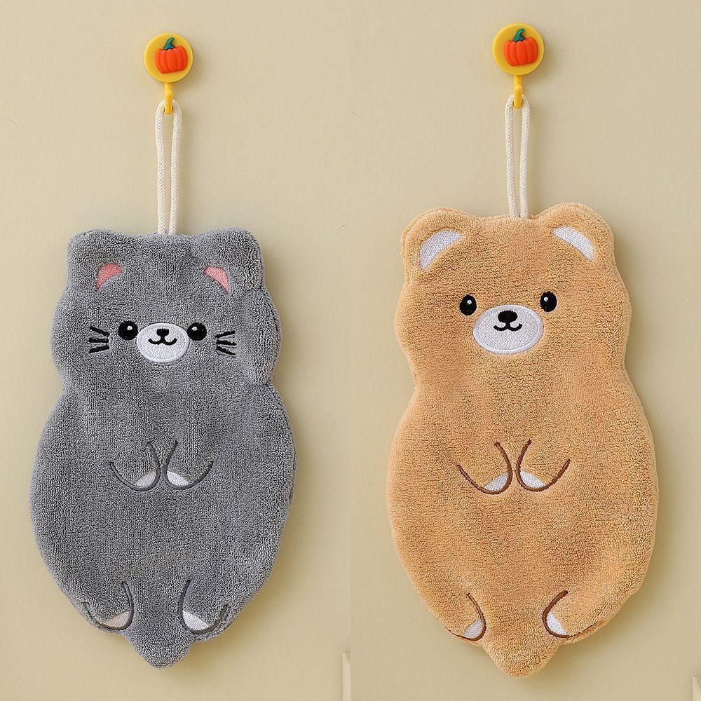 Cute Cartoon Animal Embroidered Coral Fleece Hanging Hand Towel - Soft, Quick-Dry, Water-Absorbing, Thickened for Kitchen.