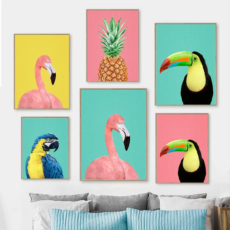 Tropical Plants Poster and Print Toucan Bird Flamingo Parrot Pineapple Canvas Painting Nordic Wall Art Picture Home Decor Cuadro