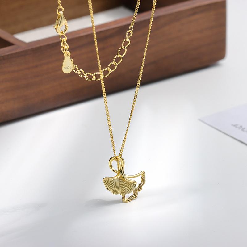 S925 Sterling Silver Ginkgo Leaf Choker Necklace for Women, Minimalist Hollow Pendant, Delicate Sweet Design