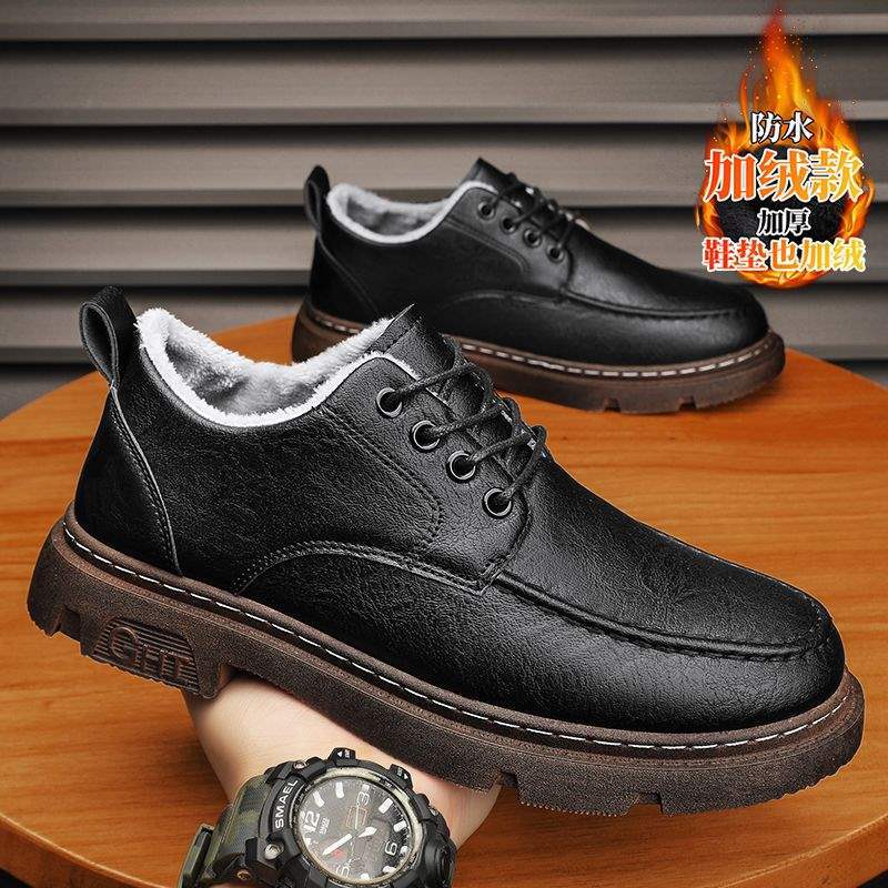 Bomullsskor herr vinter 2025 nya sammet förtjockade varma brittisk stil vardagliga läderskor herr låga business Martin-kängor