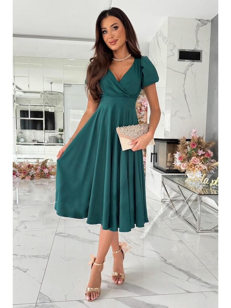 2024 Summer V-Neck Ruched Waist Puff Sleeve Swing Dress for Women