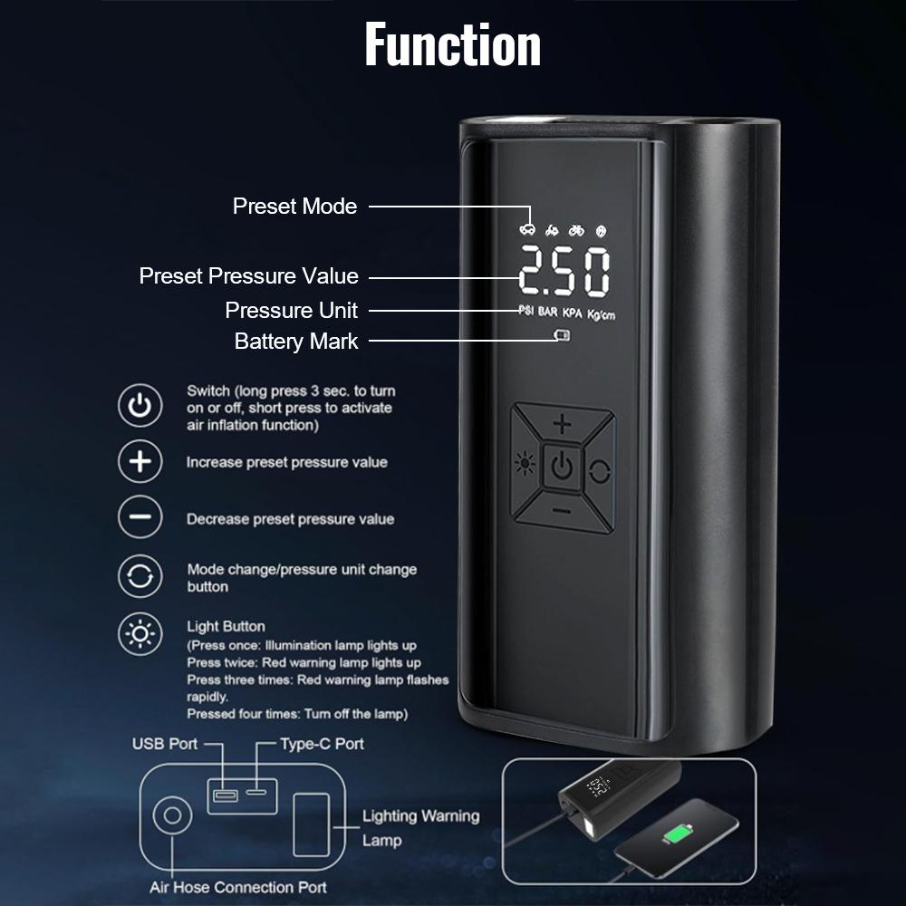 Wireless Digital Tire Inflator With LED Light Portable Tire Pressure Gauge Air Pump Air Compressor 150PSI 120W LCD Display