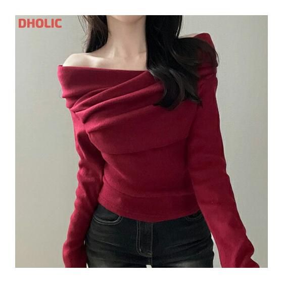 Women s Korean Fashion Tops T-Shirt Cut and Sew Cropped Long Sleeve Draped Off Shoulder Off Shoulder Ruched Solid Color Double Raised Slim Feminine
