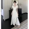 Vestido corto blanco de manga corta con cordones en V para mujer, nuevo de verano, estilo suave, con volantes en el borde de hoja, cintura y falda fina irregular
