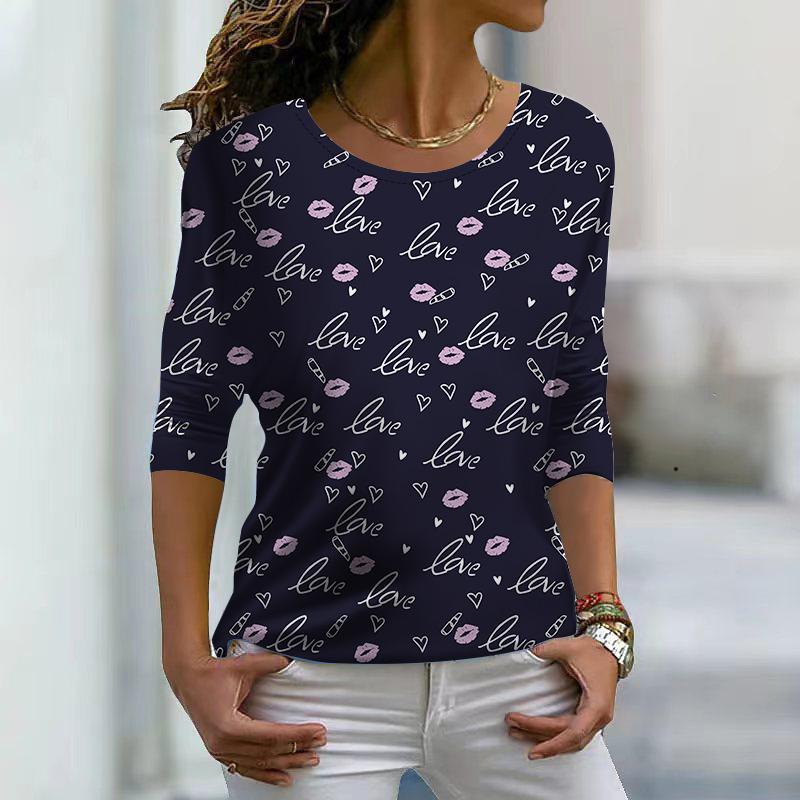 

Топы для женщин 3D розовый сверкающий любовь принт круглый вырез длинный рукав футболка осень повседневный тонкий пуловер женский длинный рукав топ M темно-синий