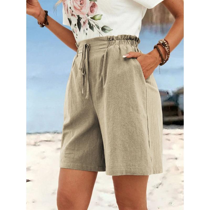 Women's Spring Summer Linen Solid Color Shorts Casual Sports Women's Shorts Three-quarter Pants with Drawstring Shorts