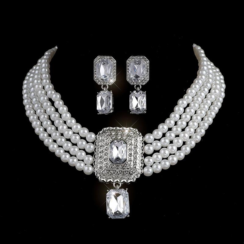Square gemstone full diamond earrings necklace set choker multi-layer bridal anti-pearl necklace earrings