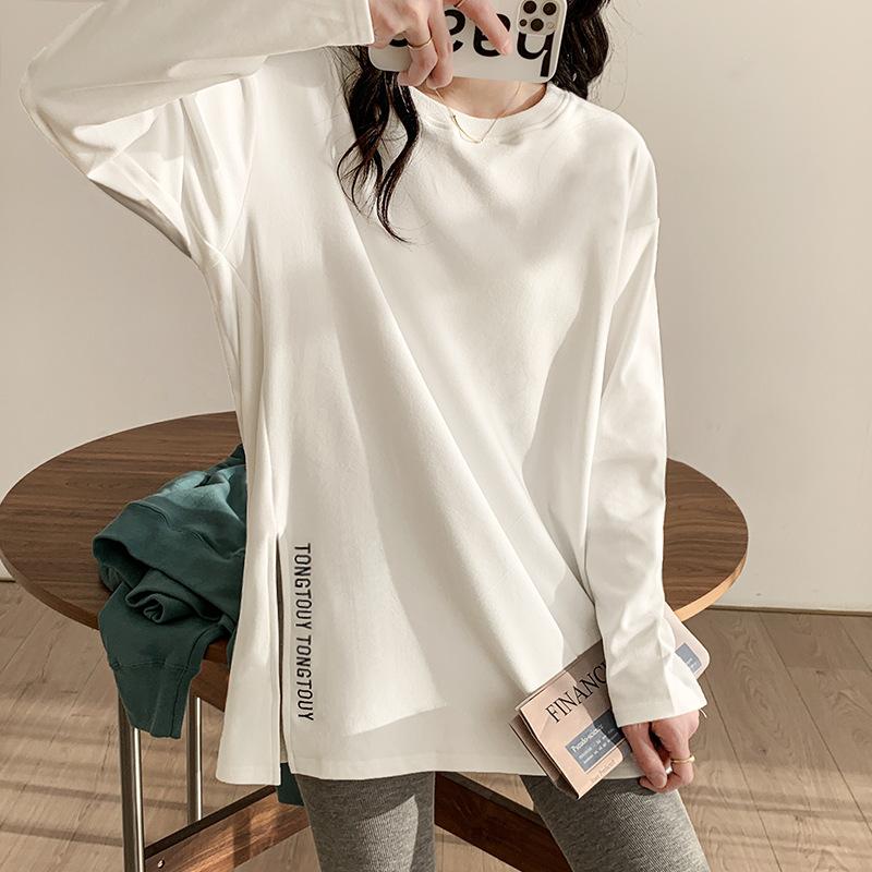 Deutsches Samt-Herbst- und Winter-Unterhemd für Damen, reine Baumwolle, mittellang, Seitenschlitz, weißes T-Shirt, langärmlig, locker, inneres Oberteil