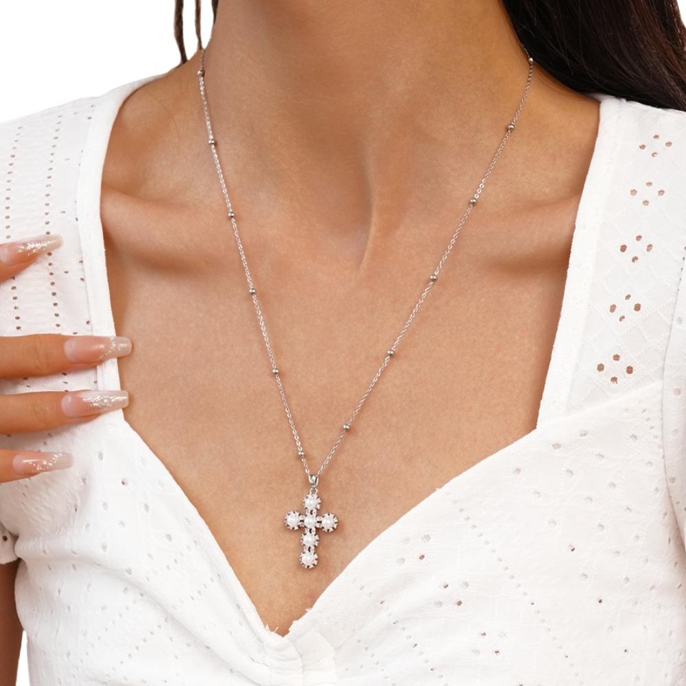 

Crystal Cross Necklace Jewelry Cross Pendant Vintage Cross Choker Chain Party StyleA Silver