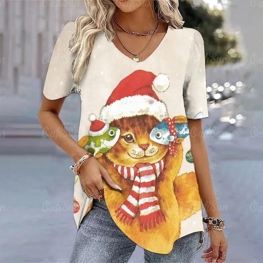 2024 neue Weihnachten Katze Gedruckt T-Shirt Für Frauen Sommer Mode Kawaii Damen Kurzarm T Shirt Tops Festival Femele Kleidung