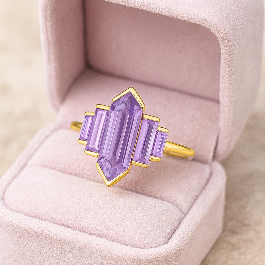 Hexagon Cut Amethyst Engagement Wedding Ring – Vintage Art Deco Purple Stone Ring, Anniversary Promise Gift for Women