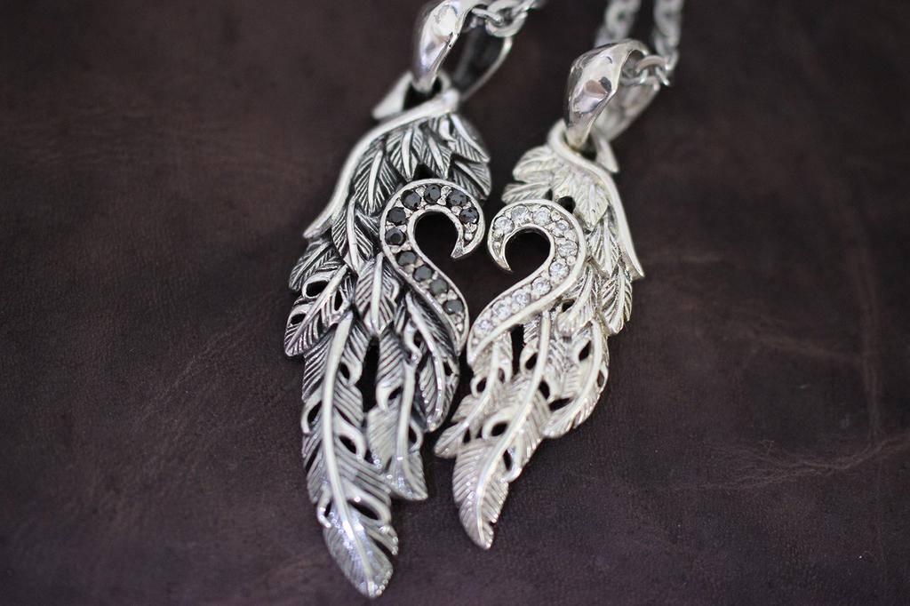 Silver 925 Feather Heart Pair Necklace for Men and Women Bag BOX Tb316 [Velvi] (Paper Included) (Feather Heart)