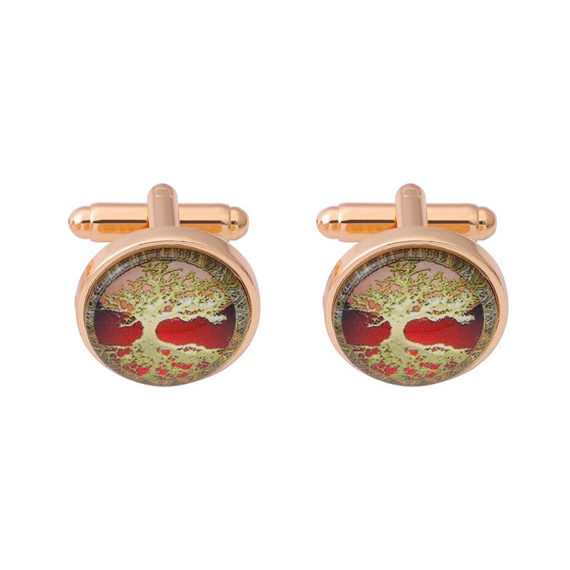Classic Mens Glass Cabochon World Tree Cufflinks Golden And SIilver Tone Time Gem Round Sleeve Button