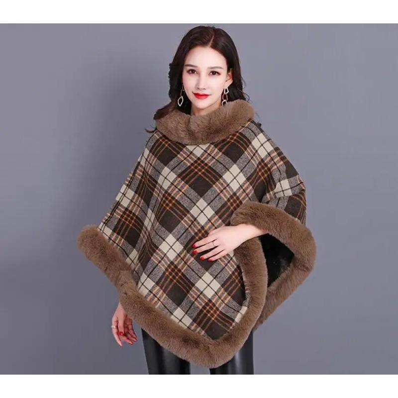 

Женские накидки в полоску, клетчатое пончо, зимняя уличная одежда из искусственного меха, вязаный треугольный свитер, пуловер с меховым воротником, бархатное пальто ONE SIZE