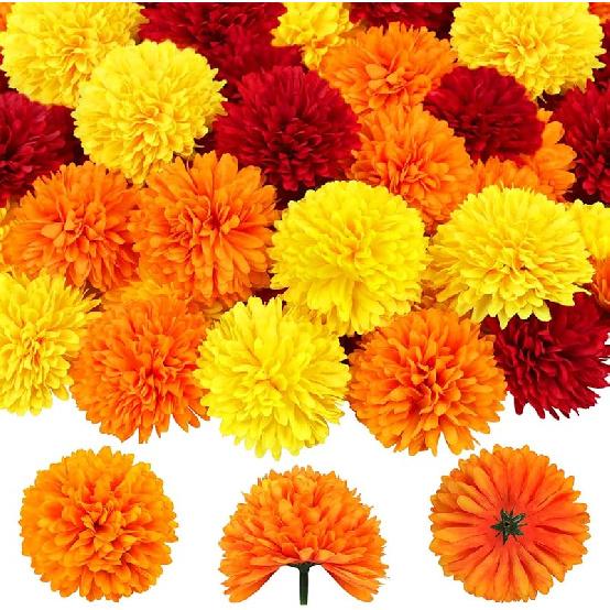 40Pcs 2.75'' Marigold Flowers Heads Bulk, Silk Marigold Artificial Flowers for Diwali Home Decor DIY Wreath Garland Craft Baby Shower Wedding Mexican