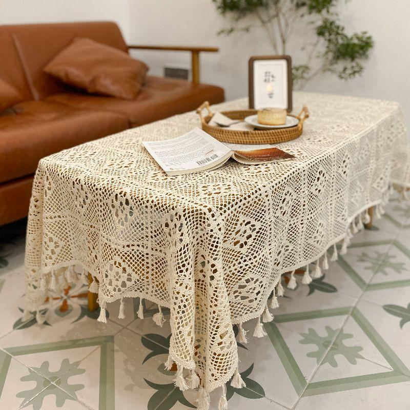 Hollow Crochet Lace Tablecloth Beige Cotton Thread Knitted Plaid Dining Table Cloth Fringed Circular Square Desktop Cover