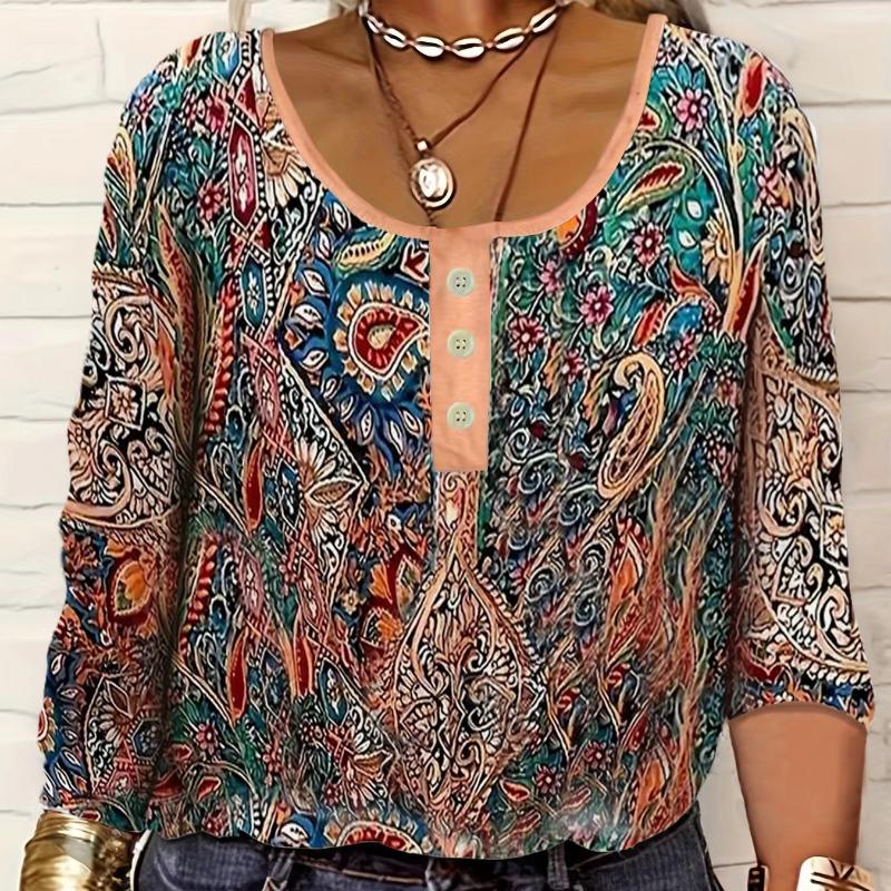 Women's V-Neck Casual Ethnic Style Printed Button Large Size Women's T-Shirt