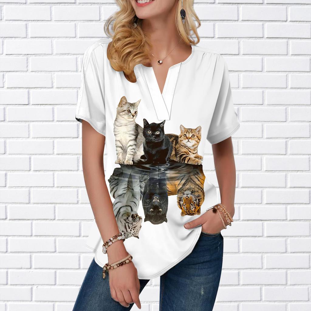 Damen Sommer T-Shirt Bagua Formation Cat Print Kurzarm T-Shirts Lässige bedruckte Oberteile Kleiner V-Ausschnitt Kurze Ärmel