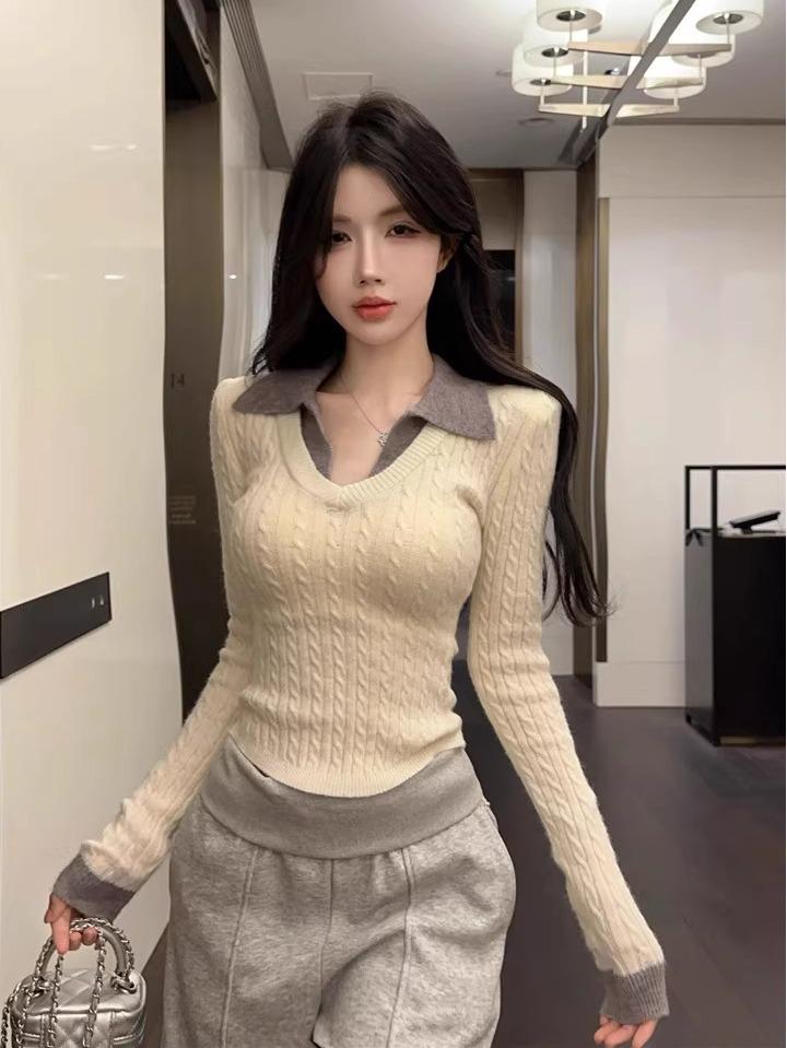 Hong Kong Style Women's V-Neck Polo Collar Knit Sweater - Autumn/Winter Fashion Trend