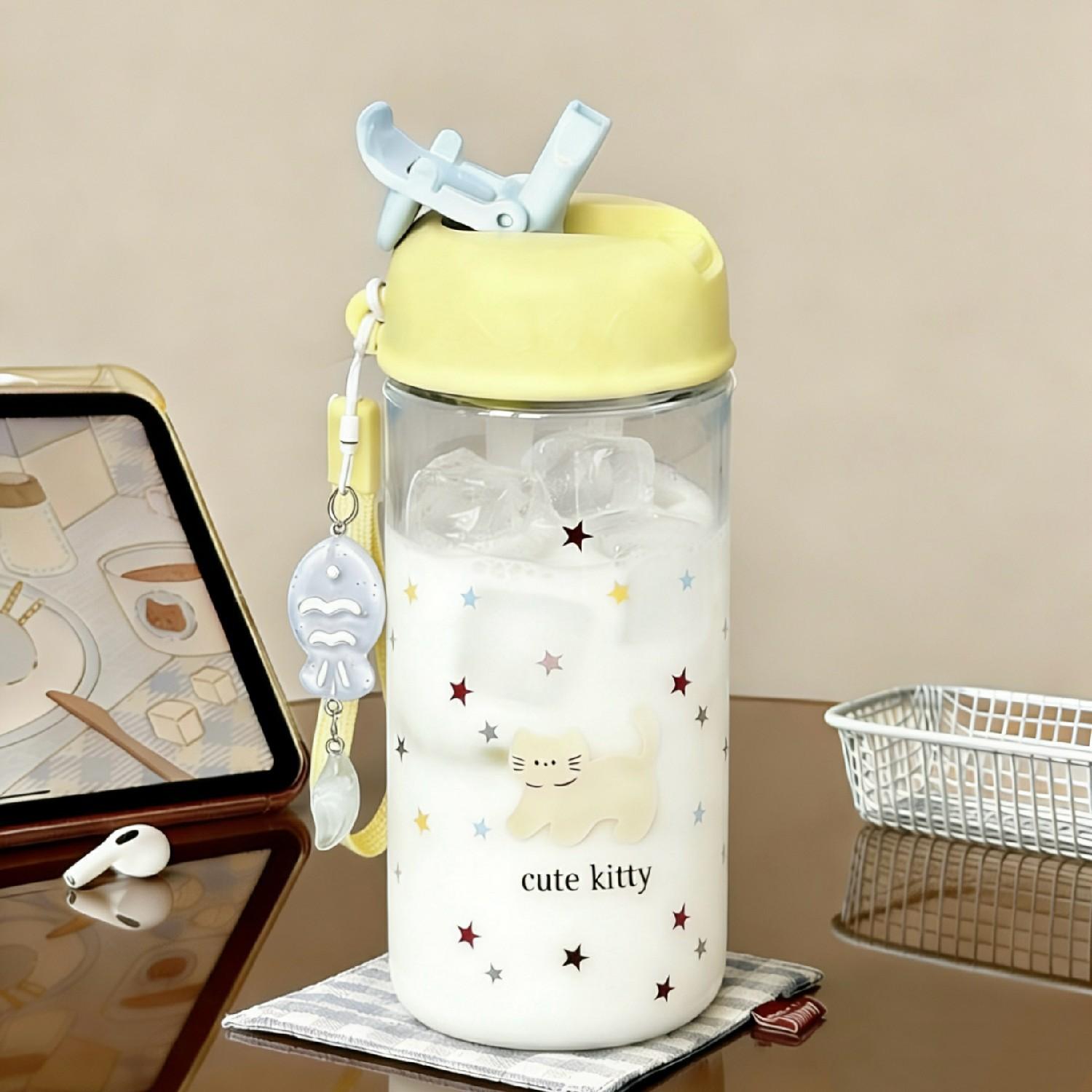 

450ml Plastic Water Cup Portable Drink Bottle with Cat-patterned for Outdoor Sports