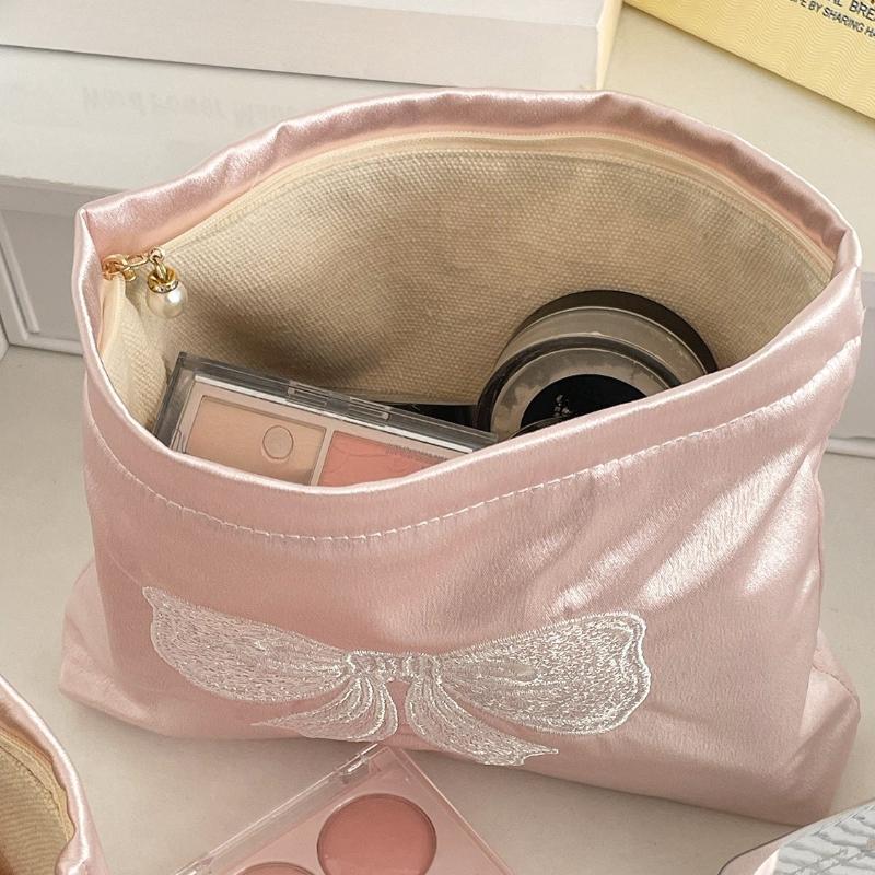 Pink Bow Cosmetic Bag Zipper Cute Embroidered Toiletry Organizer Makeup Bags Multifunctional Women Lipstick Key Coin Purse Pouch