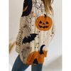 Women'S Halloween-Themed Off-Shoulder Top - V-Neck, Bat & Pumpkin Print, Loose Fit, Long Sleeve, Perfect for Vacation or Casual Outings