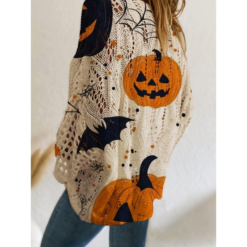 Women'S Halloween-Themed Off-Shoulder Top - V-Neck, Bat & Pumpkin Print, Loose Fit, Long Sleeve, Perfect for Vacation or Casual Outings