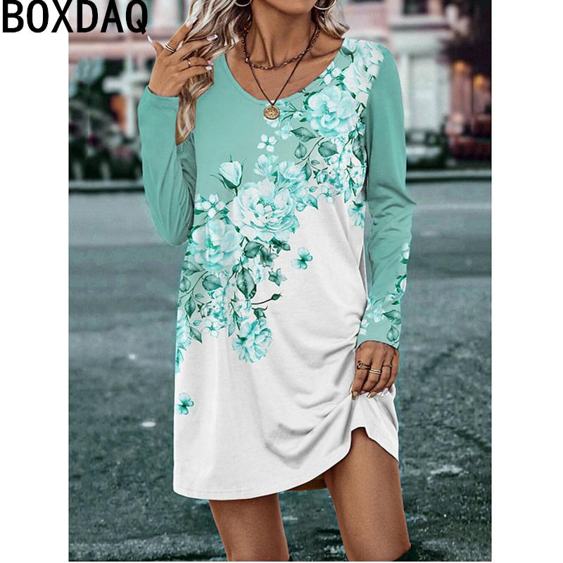 Women Autumn Long Sleeve O-Neck Casual Dress 3D Vintage Floral Printed Elegant A-line Dress For Female Dress