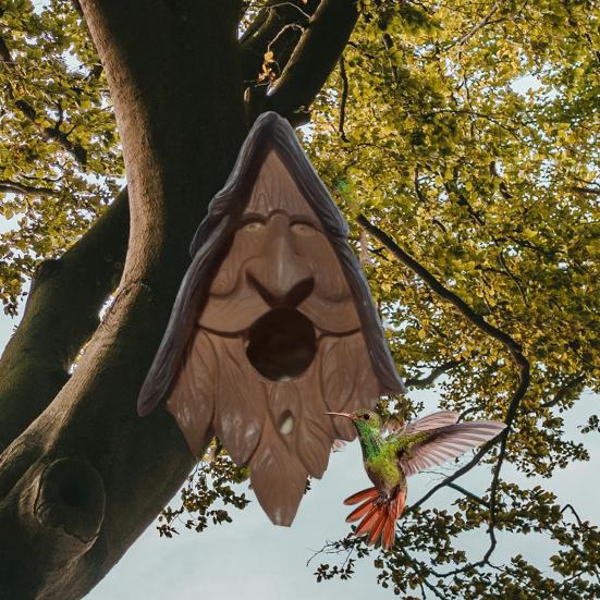 Happy Spirit-casa para pájaros de resina sintética, cara humana, nido de pájaro, árbol antiguo tallado a mano, casa para pájaros de hadas