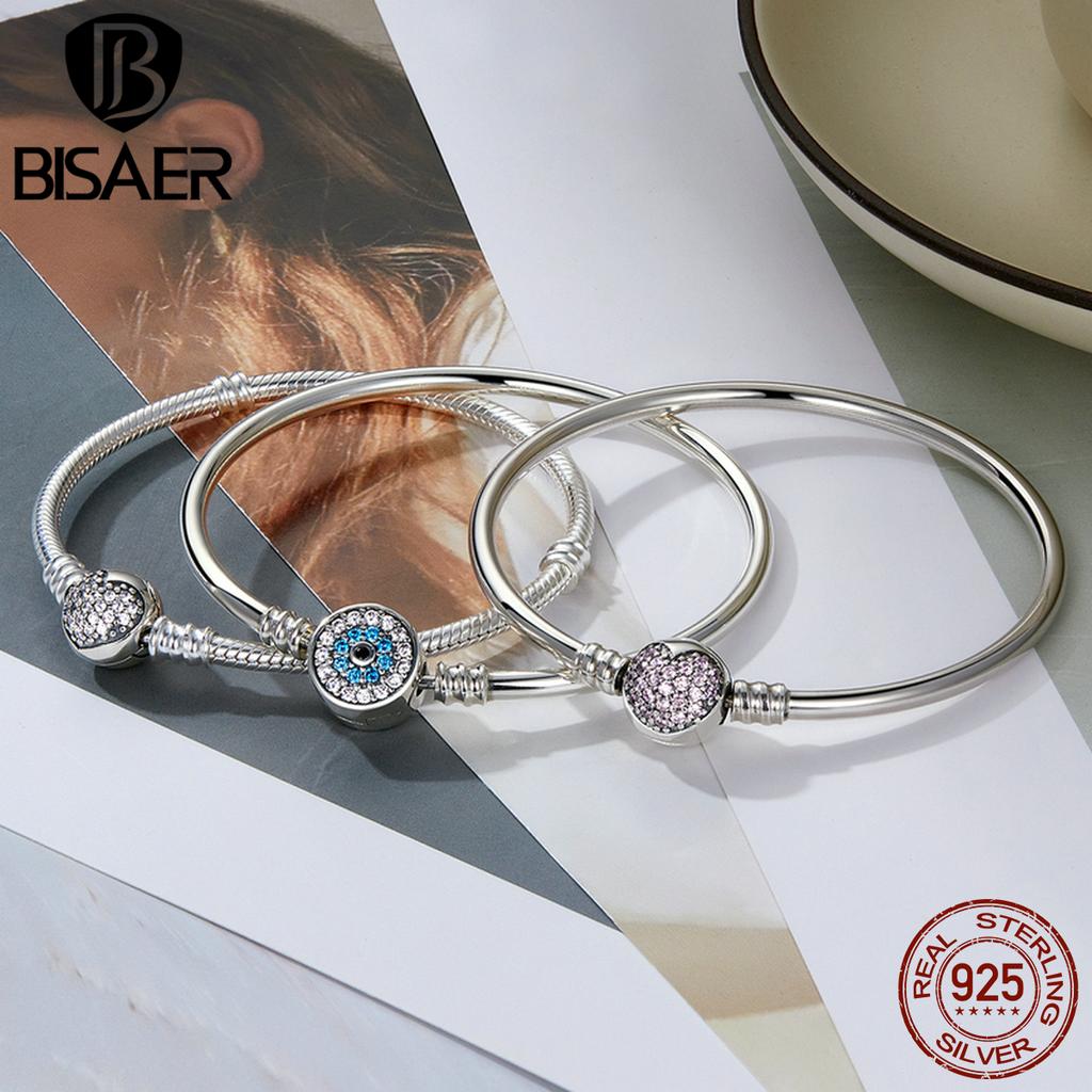 BISAER 925 Silver Demon Eye Bracelets Blue Evil Eyes Bangles Pave Setting Zircon 17-21CM for Women Party Fine Jewelry