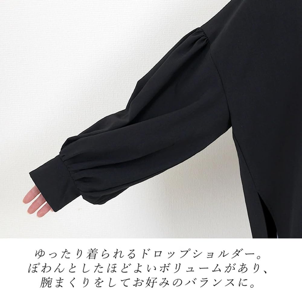 [BXINF] Women's Long Sleeve Shirt, Crew Neck, Thin, Loose Fit, Summer/Autumn, Solid Color (JP, Alphabet, Free Size, Black)