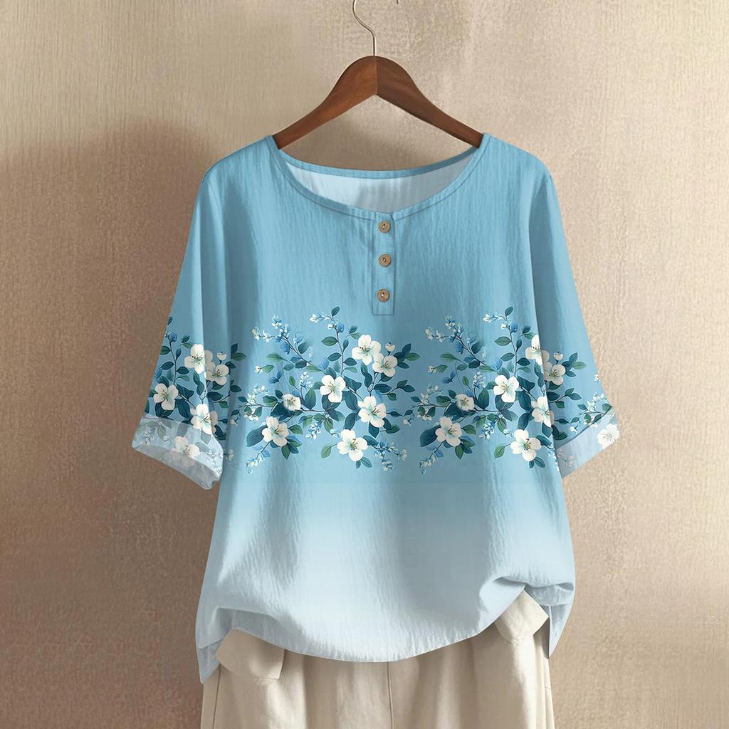 Dámská módní a ležérní košile s polovičním rukávem, kulatým výstřihem a potiskem