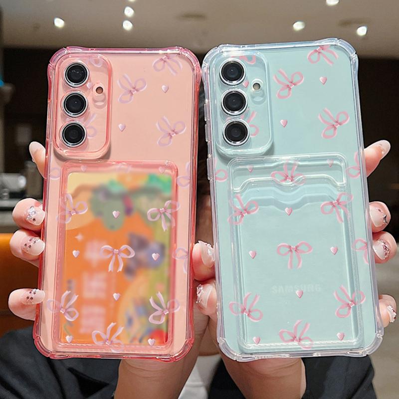 Pink Bowknot Print Clear Card Slot Slim Case für Samsung S25 S24 FE S23 Ultra S22 A36 A56 A55 A16 A06 A15 A26 Weiche Silikon Stoßfeste Telefonabdeckung
