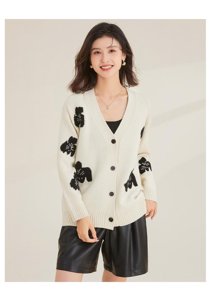 Retro Jacquard Cardigan Cotton Wool 100% Autumn/Winter V-neck Coat Versatile Women's Woolen Sweater for Daily Use