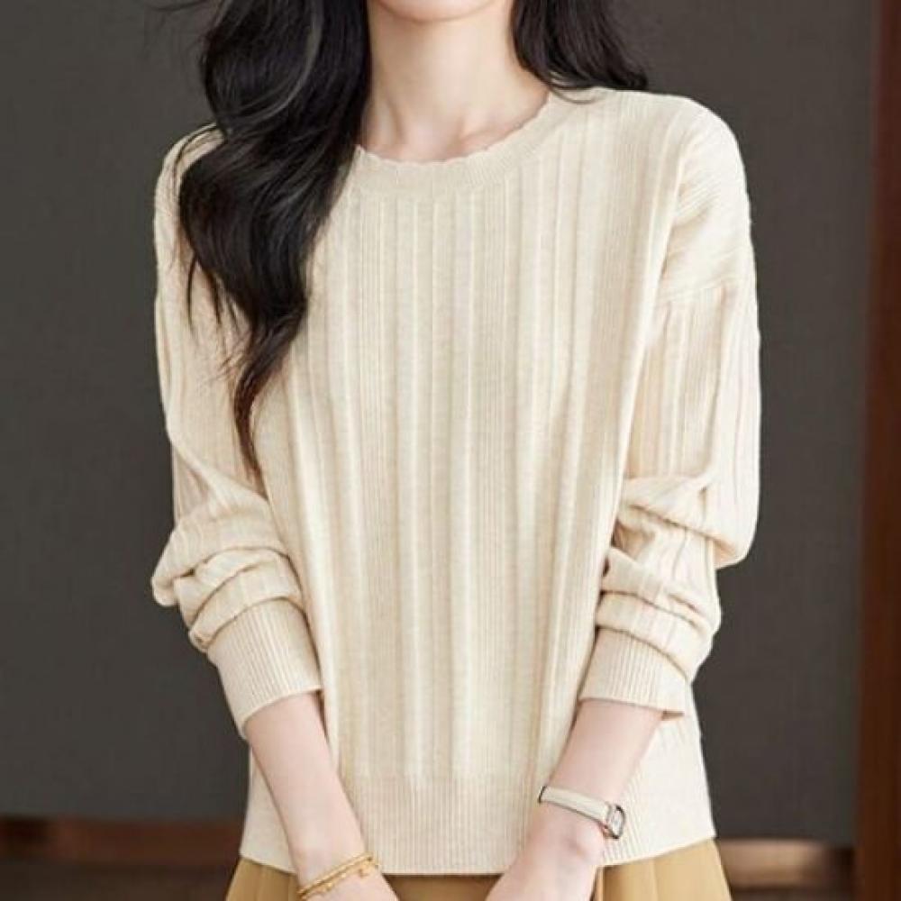 Navava Simple Daily Ribbed Solid Round Neck Long Sleeve Knit Sweater Nk3494