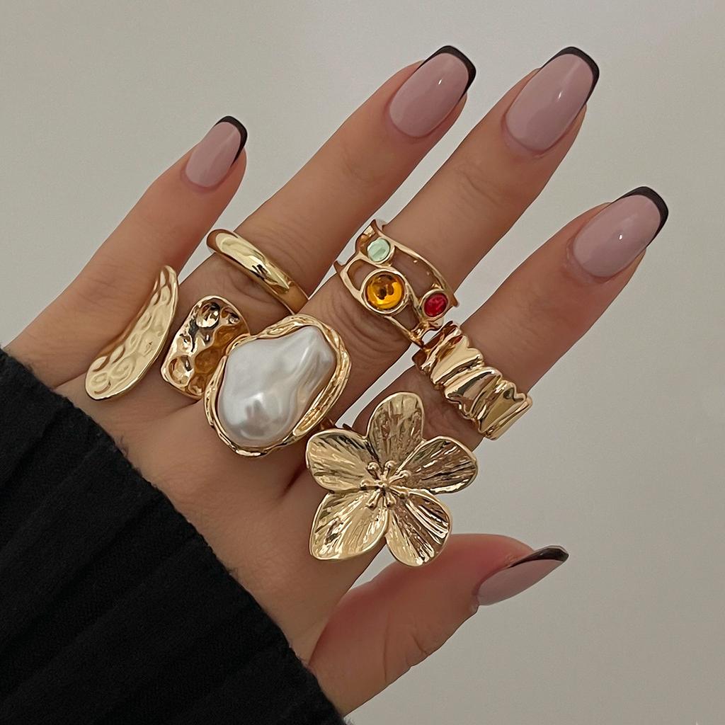 6Pcs Design Liquid Lava Flower Opening Ring Ins Baroque Imitation Pearl Set Gemstone Ring