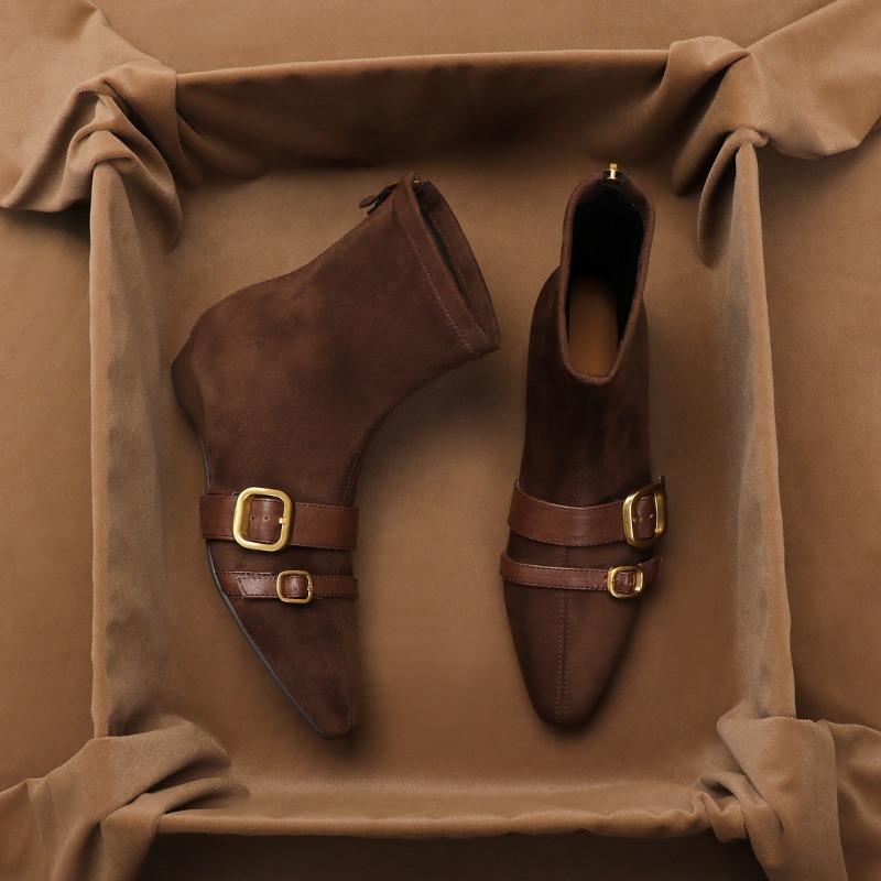 Sheepskin Version Retro Belt Buckle Thin Short Boots Women's Rear Zipper Elastic Boots Wedge Heel Thin Boots Square Martin Boots